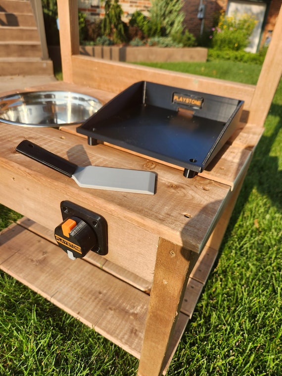 PlayStone Griddle For Mud Kitchen Outdoor Play - imagination and Fun! Full Kit With Griddle, Turning Control Knob and Magical Flipper!