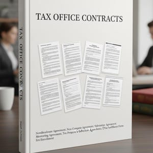 Könnte beinhalten: Ein weißes Buch mit dem Titel "TAX OFFICE CONTRACTS" mit dem Namen des Autors, Sarah Johnson, auf dem Buchrücken. Das Cover zeigt den Titel und mehrere Dokumente. Das Cover des Buches listet auch verschiedene Vertragsarten auf, darunter Geheimhaltungs- und Wettbewerbsverbotsvereinbarungen.