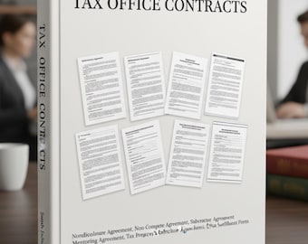 May include: A white book titled "TAX OFFICE CONTRACTS" with the author's name, Sarah Johnson, on the spine. The cover displays the title and several documents. The book's cover also lists various contract types, including Non-Disclosure and Non-Compete Agreements.