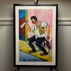 Produkt fizyczny! El Borracho Loteria Card Framed Print with Mat | 14x20 Vintage Mexican Artwork Loteria | Wysokiej jakości dekoracja ścienna Lotería