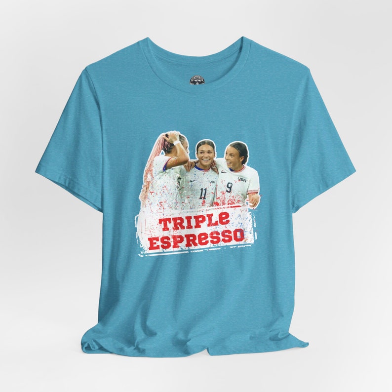 USWNT Triple Espresso Swanson Rodman Smith T-Shirt - Mallory Swanson, Trinity Rodman, Sophia Smith, USA Soccer, USWNT Shirt, Women's Soccer Heather Aqua