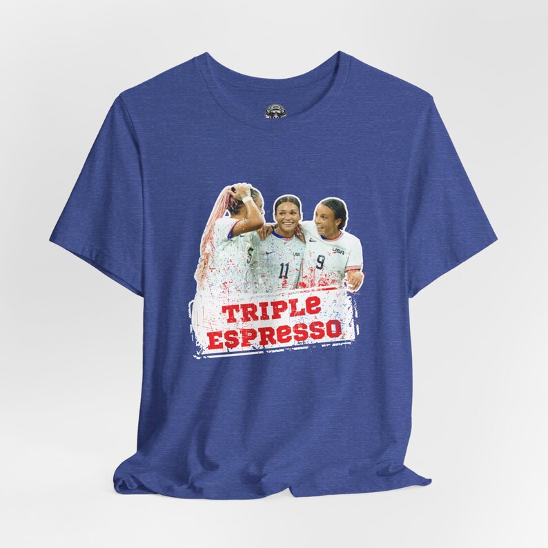 USWNT Triple Espresso Swanson Rodman Smith T-Shirt - Mallory Swanson, Trinity Rodman, Sophia Smith, USA Soccer, USWNT Shirt, Women's Soccer Heather True Royal