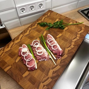Large End Grain Cutting Board with Steel Container | Wooden Kitchen Board | Custom Cutting Board | Butcher Block for Meat | New Home Gift