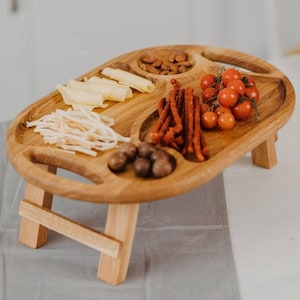 Handmade Oak Serving Tray with Handles | Rustic Folding Wine Picnic Table | Eco Wooden Gift for Christmas, Wedding or Housewarming