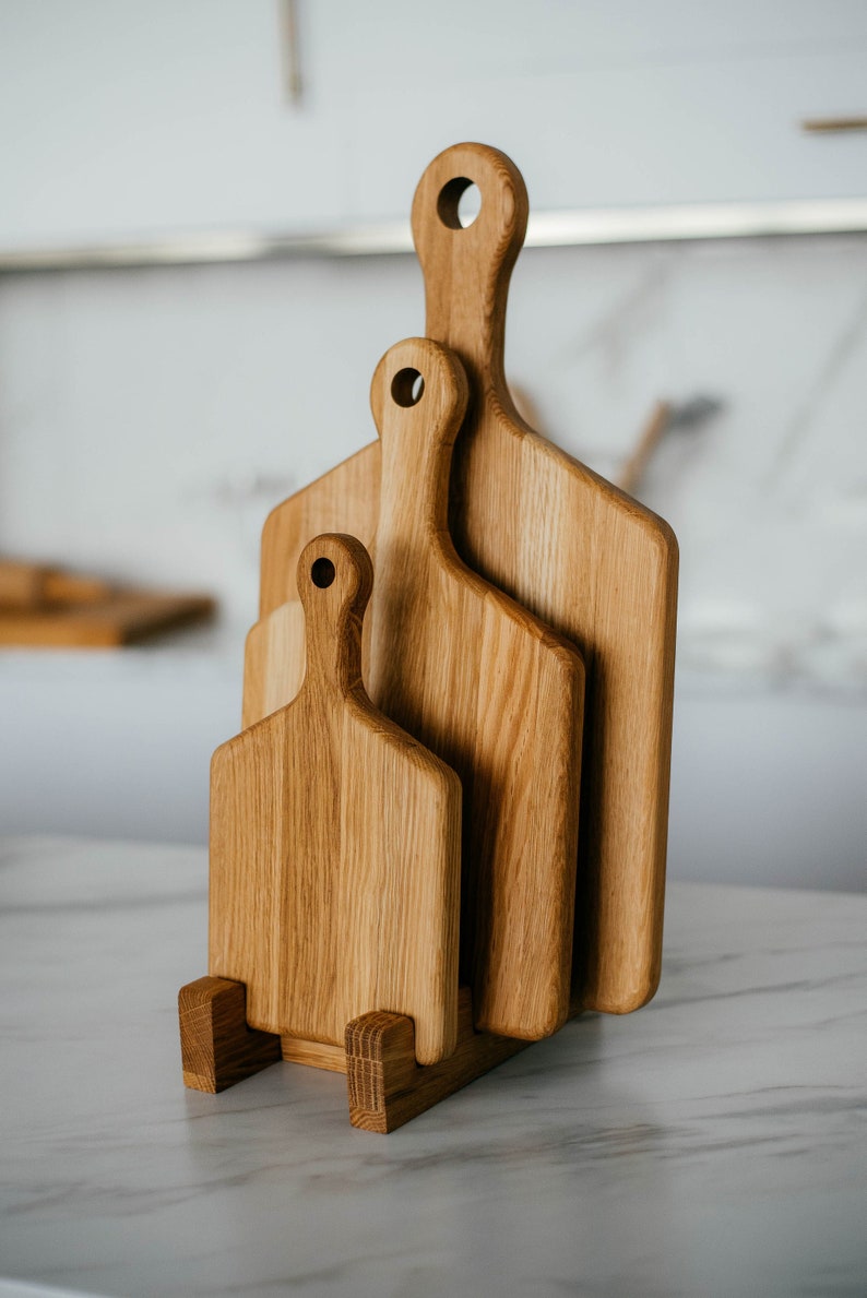 Set of 3 Wooden cutting board with handle, Oak cutting and serving Boards, Farmhouse kitchen decor, Handmade Cutting Board