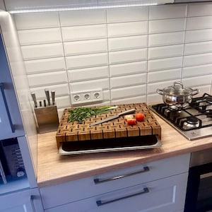 Large End Grain Cutting Board with Burnt Oak Inserts and tray | Wooden Kitchen Board | Custom Cutting Board | Butcher Block for Meat