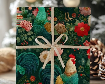 Rooster Holiday Wrapping Paper: Floral Gift Wrap