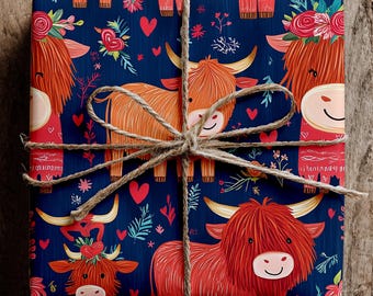 Highland Cow Wrapping Paper: Valentines Day Gift Wrap