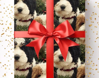 May include: A wrapped gift featuring a repeating pattern of adorable puppies with black, white, and brown fur. The gift is tied with a vibrant red satin ribbon and bow, perfect for a special occasion.