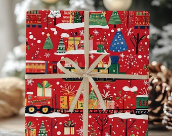 Christmas Train Gift Wrap: Vintage Holiday Design, Made in USA