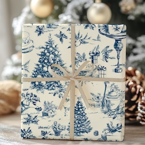 Papier d'emballage toile bleu français : emballage cadeau de Noël, chic