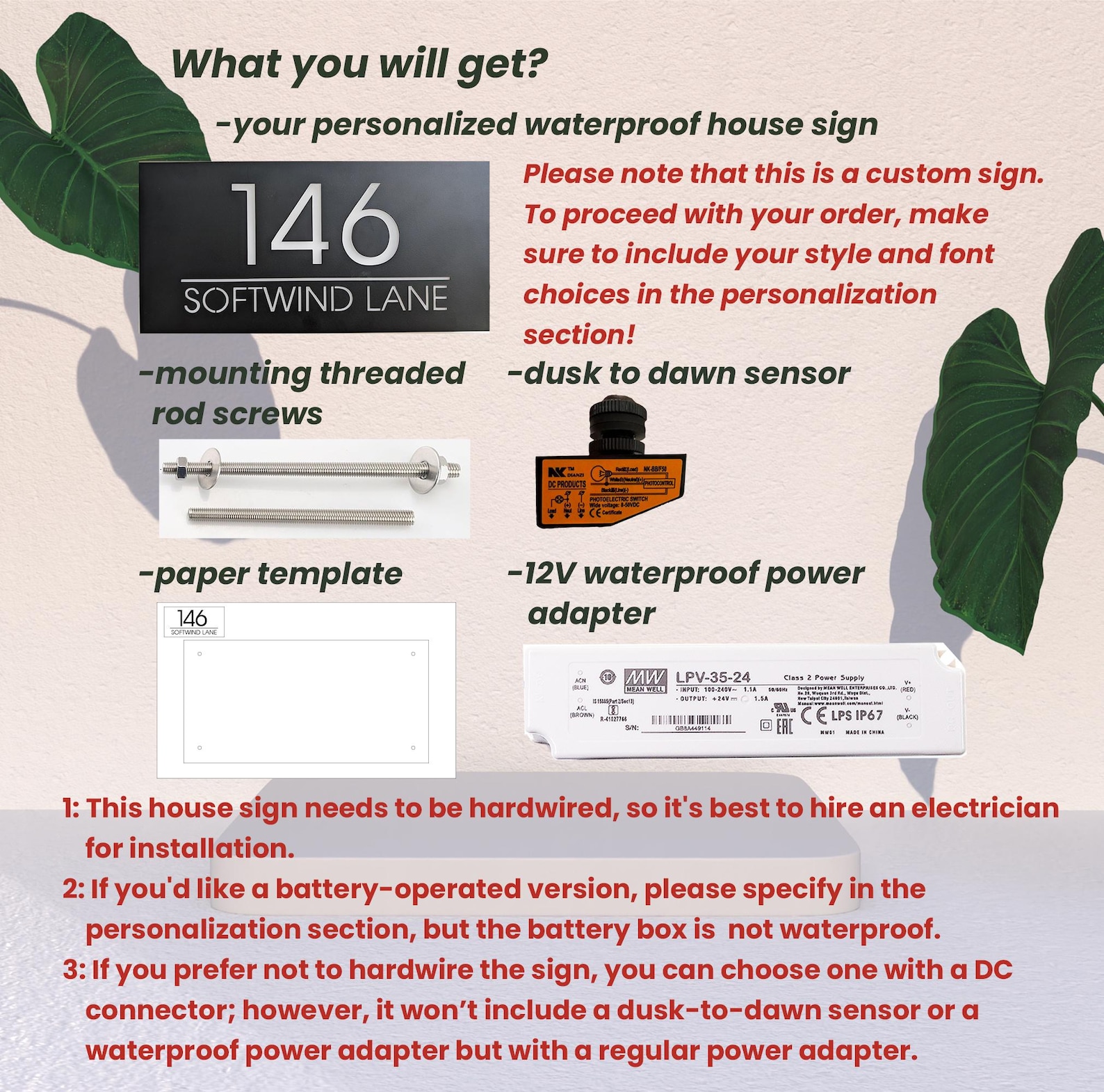 Solar LED Acrylic House Number Sign – Waterproof Address Plaque For Outdoor Wall, Fence Or Mailbox – Modern Black/Rose Gold/Orange (Black)