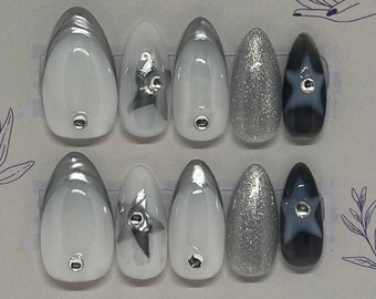 Hand-Painted Free Style | Milky White, Metallic Silver French Tip | Medium Almond Press On Tips