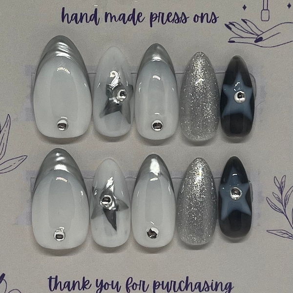 Hand-Painted Free Style | Medium Almond Press On Tips | Milky White, Metallic Silver French Tip | Chrome and Stars