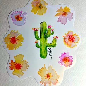Pegatina de cactus con flores grandes o pequeñas (4,5 x 3,5 pulgadas o 2,5 x 2 pulgadas) El salvaje oeste con delicadas flores de acuarela pastel