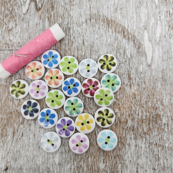 Round Wood sewing buttons, Cute children button, Flower buttons, Flat back, 15mm, 5/8", 2 holes, Set of 10, 20 or 50