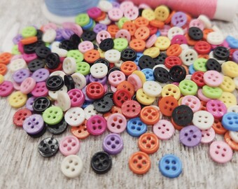 Cute tiny 4 hole buttons, Miniature buttons, Mini small resin buttons, Doll clothes buttons, Mixed colors, 6mm, 1/4", Sets of 50 or 100