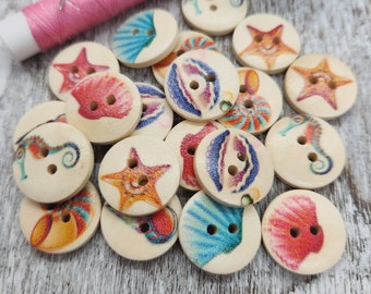 Sea shell wooden buttons, Shabby chic sea themed, Novelty wood buttons, Decorative wooden buttons, 18mm, 3/4", 2 holes, Set of 10 or 20