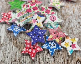 Sewing buttons, Christmas Novelty Wood Buttons, Cute buttons for child, Star shaped,  25mm,  1 inch, 2 holes, Set of 10 or 20
