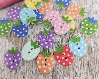 Cute strawberry wooden buttons, Children wood buttons, Decorative, Mixed colors, 15mm x 12mm, 5/8" x 1/2",  2 holes, Set of 10 or 20