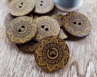 Mandala Design buttons, Retro Wood buttons, Decorative wooden buttons, Bohemian style, 1 inch, 25mm,  1", 2 holes, Sets of  10 or 20