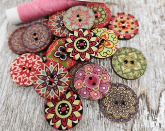 Retro novelty buttons, Mandala Design, Decorative wooden buttons,  Sweater buttons, 20mm,  3/4", 2 holes, Mixed set of 10, 20 or 50