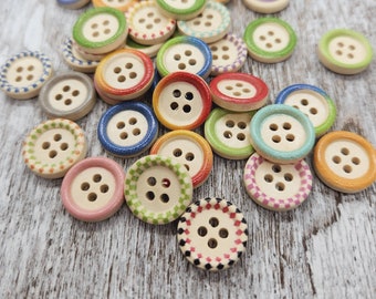 Sewing buttons, Wooden button, Painted rim, Cute children buttons, Random mixed colors, 15mm, 5/8", 4 holes, Flat back, Set of 10, 20 or 50