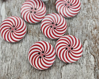 Holiday buttons, Peppermint wooden buttons, Wood buttons for womens coats, 30mm,  3cm, 1 1/8 inch, 4 holes, Sets of 5 or 10