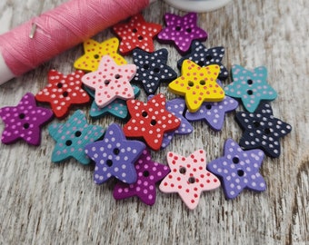 Polka dot star shaped wood buttons, Sewing Wood buttons, Flat back, 15mm, 5/8", 2 holes, Sets of 10 or  20