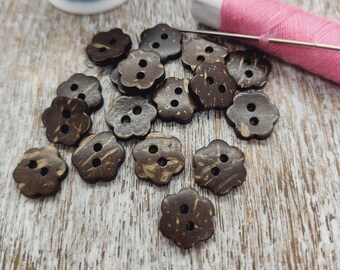 Flower shaped Coconut buttons, Doll clothes buttons, Small coconut shell buttons, Recycled coconut wood, 11mm, 7/16" inch,  Sets of 10