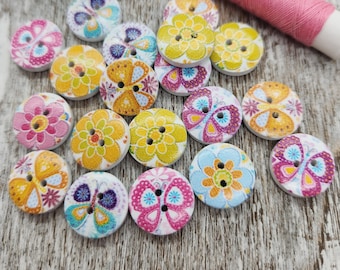 Butterfly wooden buttons, Round Wood sewing buttons, Cute children button, Flower buttons, Flat back, 15mm, 5/8", 2 holes, Set of 10 or 20