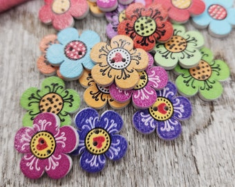Bright colors flower buttons, Mixed buttons, Novelty wooden buttons, Cute children buttons, 20mm,  3/4", 2 holes, Set of 10 or 20