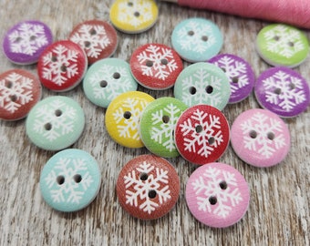 Colorful snowflake wood buttons, Novelty buttons, Baby sweater buttons, Cute children buttons, 15mm, 5/8", 2 holes, Set of 10 or 20