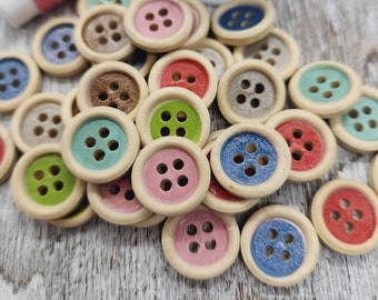 Sewing wood buttons, Wooden button, Colorful at random, Cute children buttons, Round 15mm, 5/8", 4 holes, Flat back, Set of 10, 20 or 50