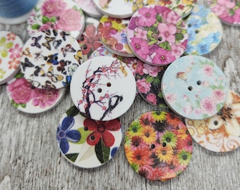 Floral wooden buttons, Shabby chic wood buttons for knitting, Flower pattern sweater buttons,  25mm, 1 inch, Set of  10 or 20
