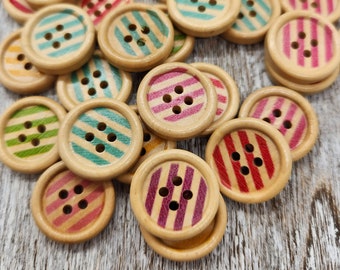 Striped wooden buttons, Sweater buttons, Decorative wooden buttons,  Jacket wood buttons,  Round 20mm,  3/4", 4 holes, Mixed set of 10 or 20