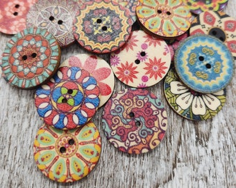 Colorful retro wood buttons, 70s inspired buttons, Decorative wooden buttons, Bohemian style, 1 inch, 25mm,  1", 2 holes, Sets of  10 or 20