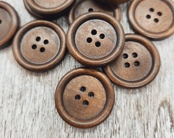 Rich brown wooden buttons, Wood buttons for knitting and sewing, Buttons for jackets and coats, 25mm, 1 inch, 4 holes, Set of  10 or 20