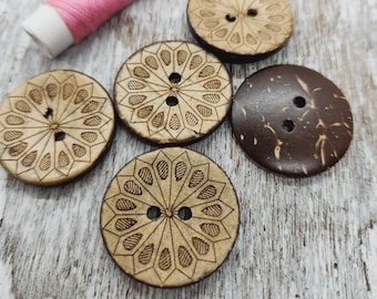 Large coconut shell buttons, Coat buttons, Recycled coconut shell, Flat round, 28mm,  1 1/8 inch, 2 holes, Set of 5 or 10