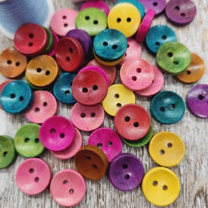 Wood buttons for knitting, Wooden button, Colors at random, Cute children buttons, Round 15mm, 1.5cm, 5/8&quot;, 2 holes, Set of 10 or 20