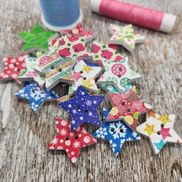 Sewing buttons, Christmas Novelty Wood Buttons, Cute buttons for child, Star shaped,  25mm,  1 inch, 2 holes, Set of 10 or 20
