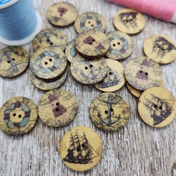 Sea themed Wood buttons, Novelty buttons, Vintage style buttons, Nautical pattern, Shabby chic wooden buttons, 20mm, 3/4", Set of 10 or 20