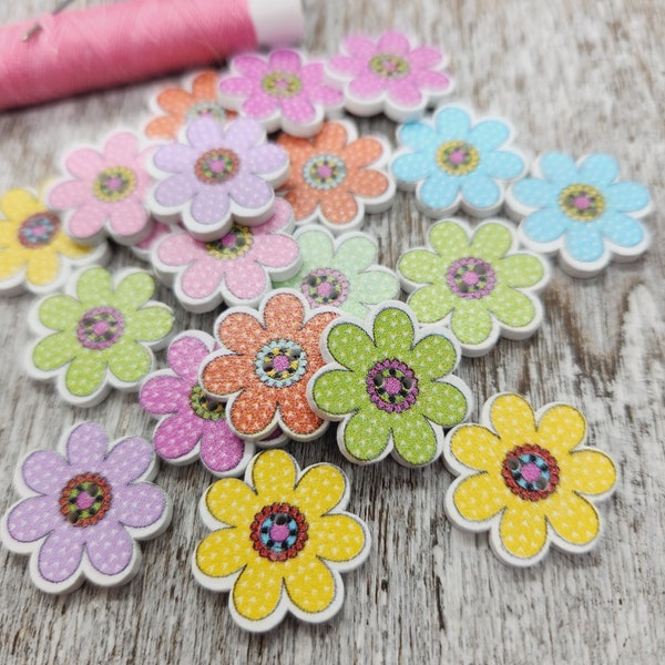 Polka dots flower buttons, Mixed buttons, Decorative wooden buttons, Cute children buttons, 20mm,  3/4", 2 holes, Set of 10 or 20