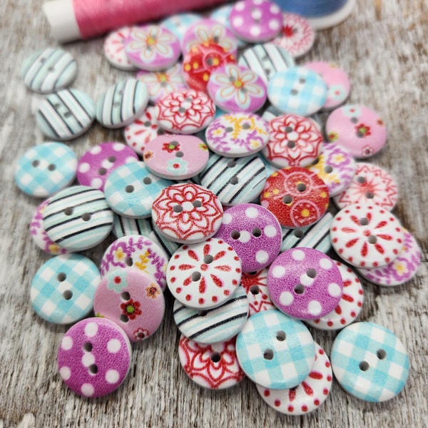 Buttons for baby sweaters, Novelty buttons, Gingham wood buttons, Mixed patterns, Flower buttons, 15mm, 5/8", 2 holes, Set of 10 or 20