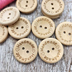 Natural wood buttons, &quot;Handmade&quot; engraved pattern, Buttons for knitting, Buttons for crochet hats,  Flat back, 25mm, 1&quot;,  Set of 10 or 20