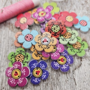 Bright colors flower buttons, Mixed buttons, Novelty wooden buttons, Cute children buttons, 20mm,  3/4", 2 holes, Set of 10 or 20