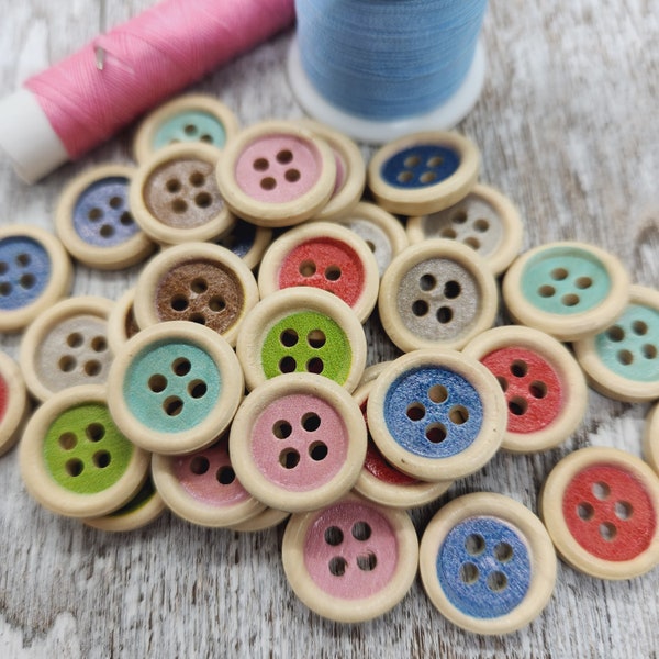 Sewing wood buttons, Wooden button, Colorful at random, Cute children buttons, Round 15mm, 5/8", 4 holes, Flat back, Set of 10, 20 or 50