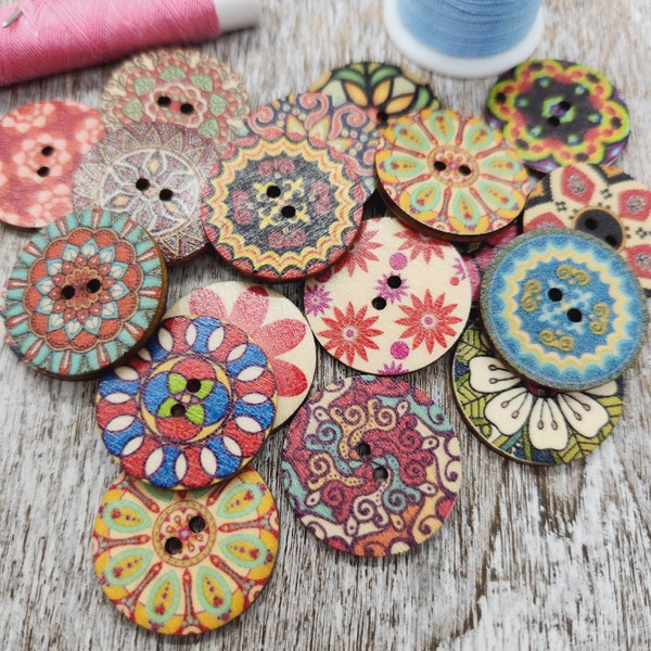 Colorful retro wood buttons, 70s inspired buttons, Decorative wooden buttons, Bohemian style, 1 inch, 25mm,  1", 2 holes, Sets of  10 or 20