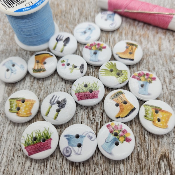 Shabby chic garden themed, Novelty wood buttons, Decorative wooden buttons, Mixed , 18mm, 3/4", 2 holes, Set of 10 or 20