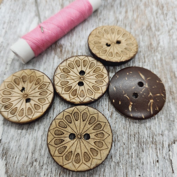 Large coconut shell buttons, Coat buttons, Recycled coconut shell, Flat round, 28mm,  1 1/8 inch, 2 holes, Set of 5 or 10